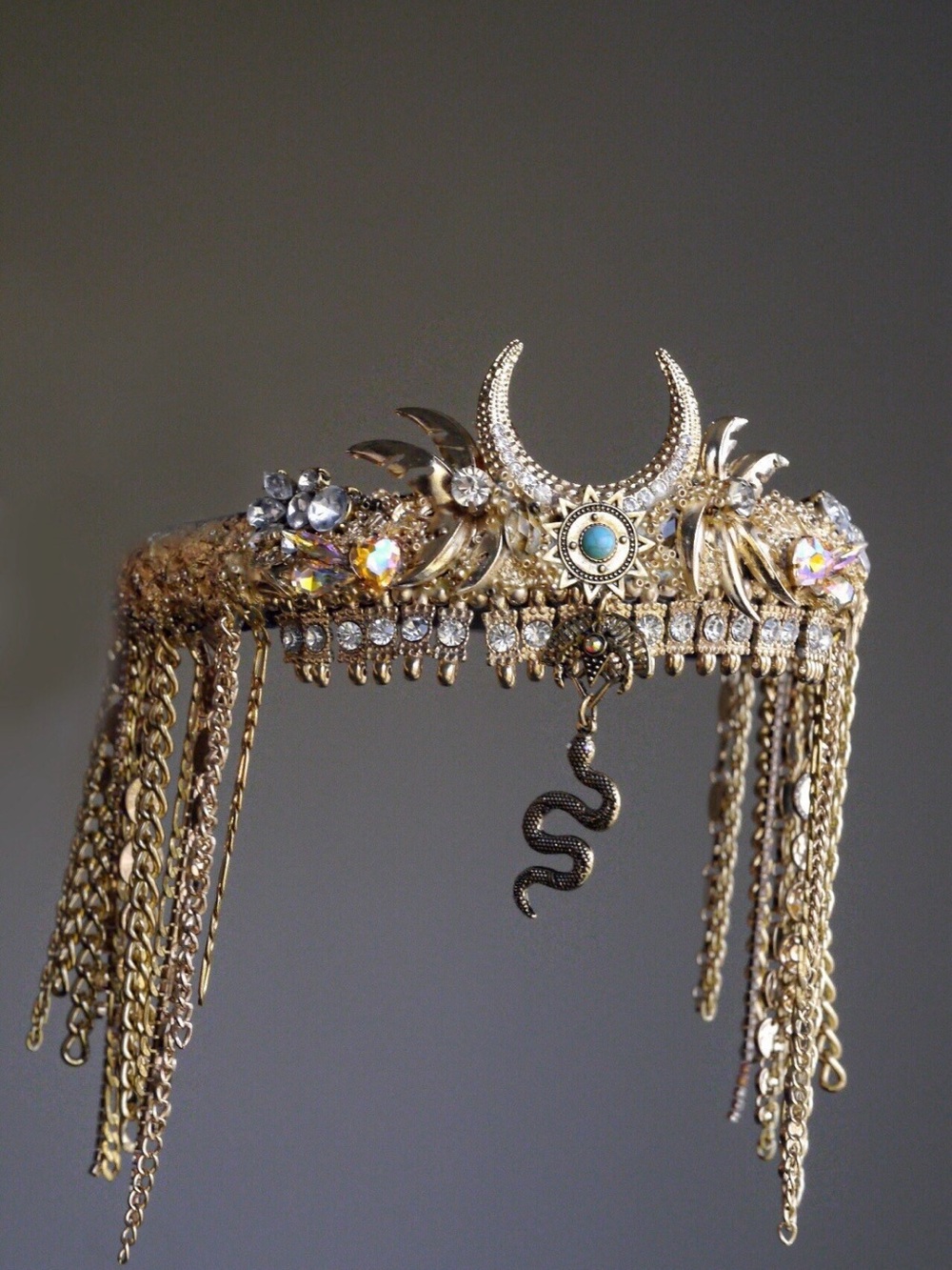 Cleopatra Gold Crescent & Snake Fringe Headpiece - Elegant Boho Hair Crown